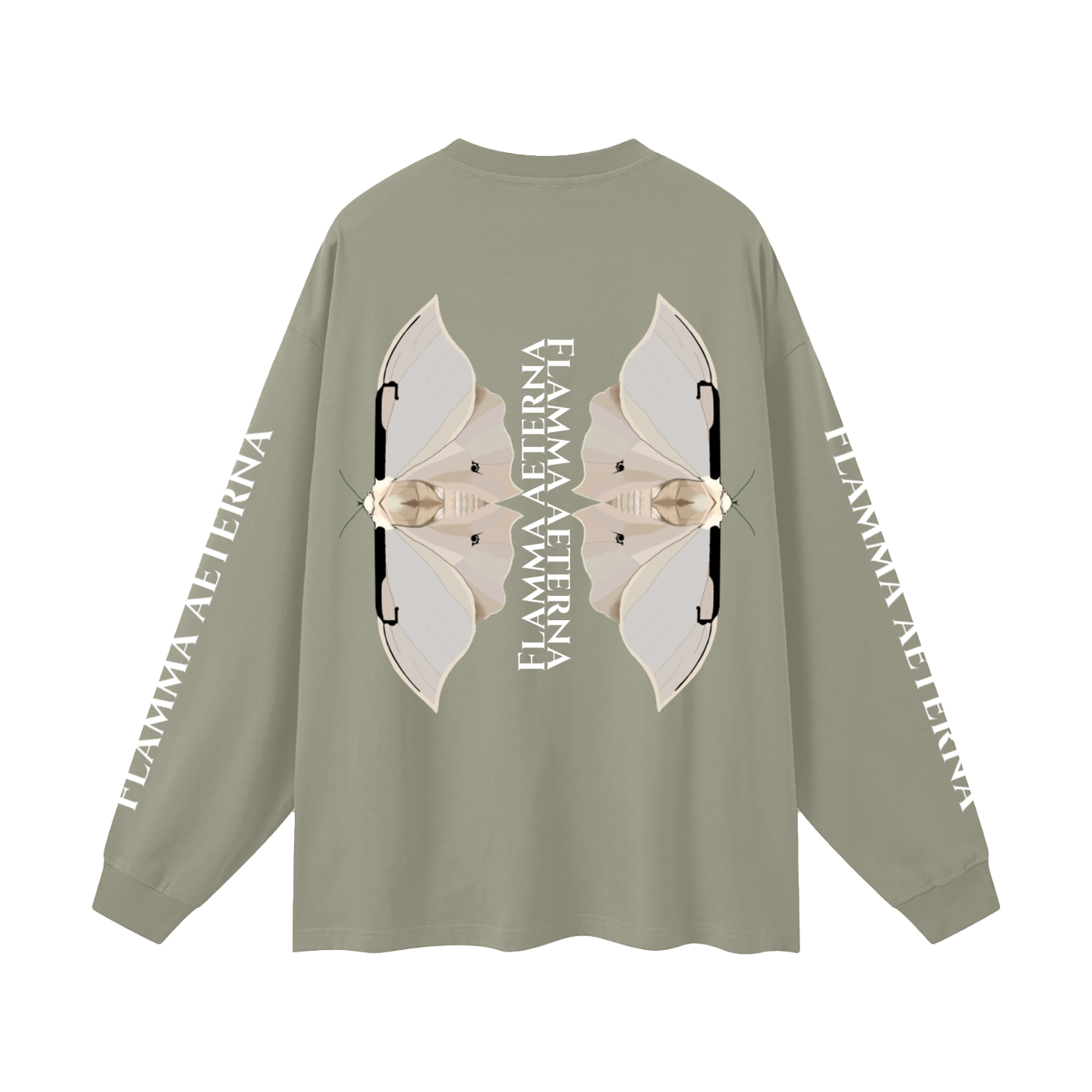 Streetwear,Oversized,Longsleeve,Oversizedlongsleeve,Graphic,Graphicdesign,Graphiclongsleeve,Moth,Mothdesign,Flamma,Aeterna,Flammaaetera,Eternal,Flame,Eternalflame,Biblical,Minimalstreetwear,Symbolicclothing,Symbolic,Philosophy,Philosophyclothing
