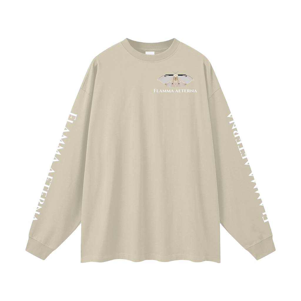 Streetwear,Oversized,Longsleeve,Oversizedlongsleeve,Graphic,Graphicdesign,Graphiclongsleeve,Moth,Mothdesign,Flamma,Aeterna,Flammaaetera,Eternal,Flame,Eternalflame,Biblical,Minimalstreetwear,Symbolicclothing,Symbolic,Philosophy,Philosophyclothing