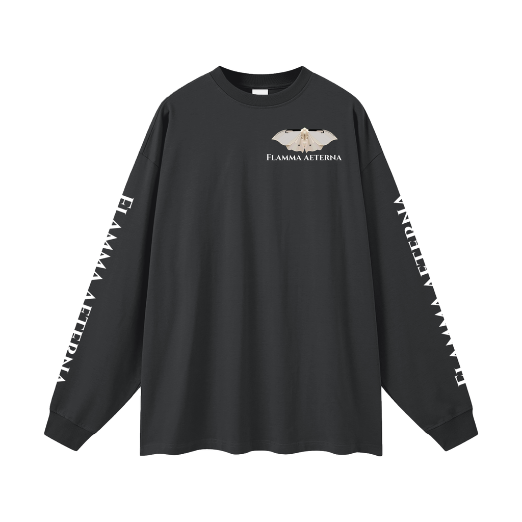 Streetwear,Oversized,Longsleeve,Oversizedlongsleeve,Graphic,Graphicdesign,Graphiclongsleeve,Moth,Mothdesign,Flamma,Aeterna,Flammaaetera,Eternal,Flame,Eternalflame,Biblical,Minimalstreetwear,Symbolicclothing,Symbolic,Philosophy,Philosophyclothing