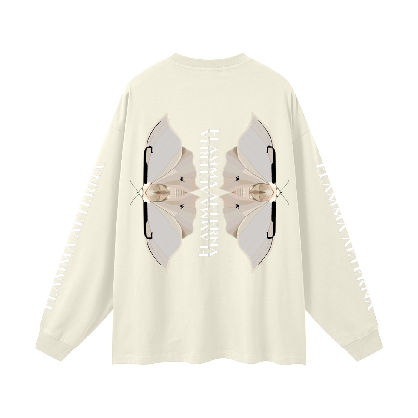 Streetwear,Oversized,Longsleeve,Oversizedlongsleeve,Graphic,Graphicdesign,Graphiclongsleeve,Moth,Mothdesign,Flamma,Aeterna,Flammaaetera,Eternal,Flame,Eternalflame,Biblical,Minimalstreetwear,Symbolicclothing,Symbolic,Philosophy,Philosophyclothing