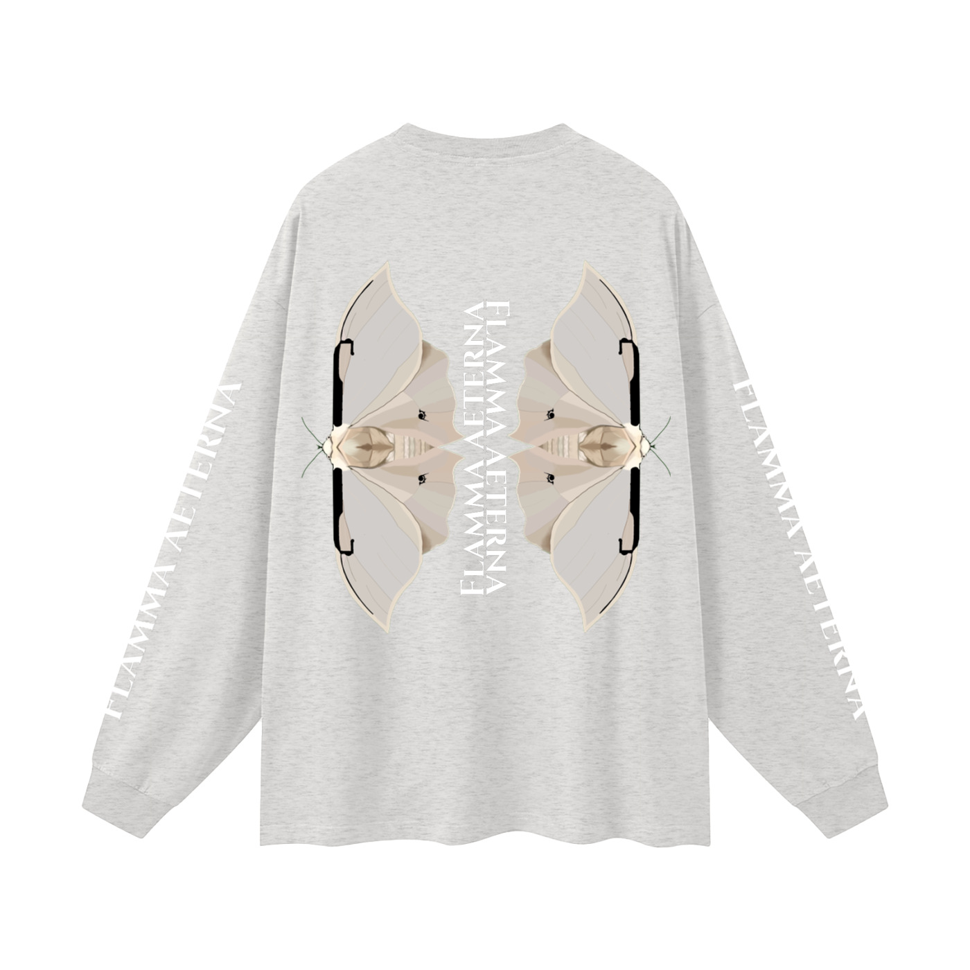 Streetwear,Oversized,Longsleeve,Oversizedlongsleeve,Graphic,Graphicdesign,Graphiclongsleeve,Moth,Mothdesign,Flamma,Aeterna,Flammaaetera,Eternal,Flame,Eternalflame,Biblical,Minimalstreetwear,Symbolicclothing,Symbolic,Philosophy,Philosophyclothing