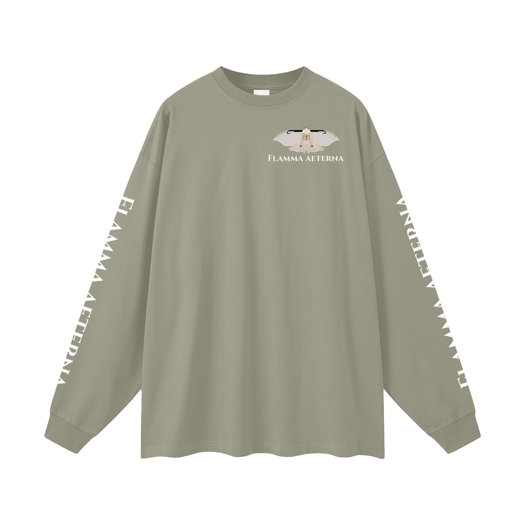 Streetwear,Oversized,Longsleeve,Oversizedlongsleeve,Graphic,Graphicdesign,Graphiclongsleeve,Moth,Mothdesign,Flamma,Aeterna,Flammaaetera,Eternal,Flame,Eternalflame,Biblical,Minimalstreetwear,Symbolicclothing,Symbolic,Philosophy,Philosophyclothing