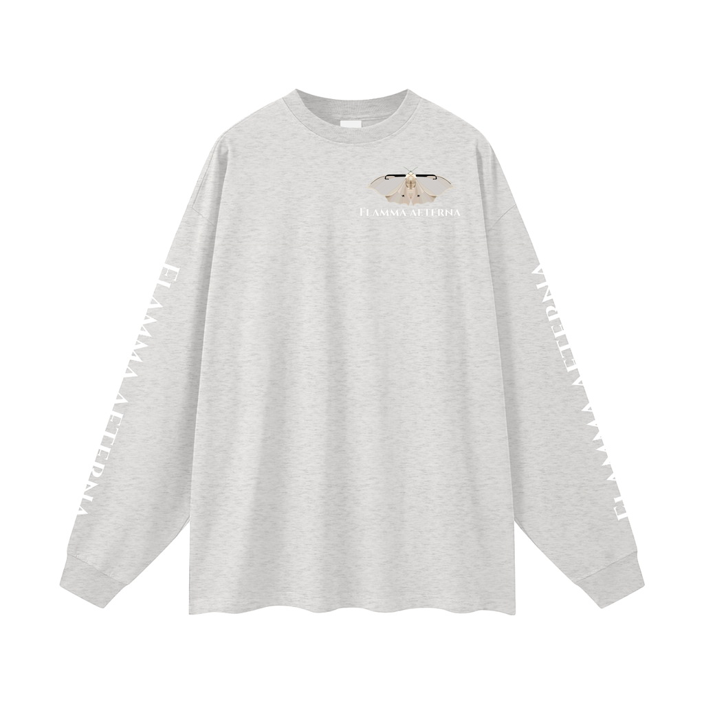 Streetwear,Oversized,Longsleeve,Oversizedlongsleeve,Graphic,Graphicdesign,Graphiclongsleeve,Moth,Mothdesign,Flamma,Aeterna,Flammaaetera,Eternal,Flame,Eternalflame,Biblical,Minimalstreetwear,Symbolicclothing,Symbolic,Philosophy,Philosophyclothing