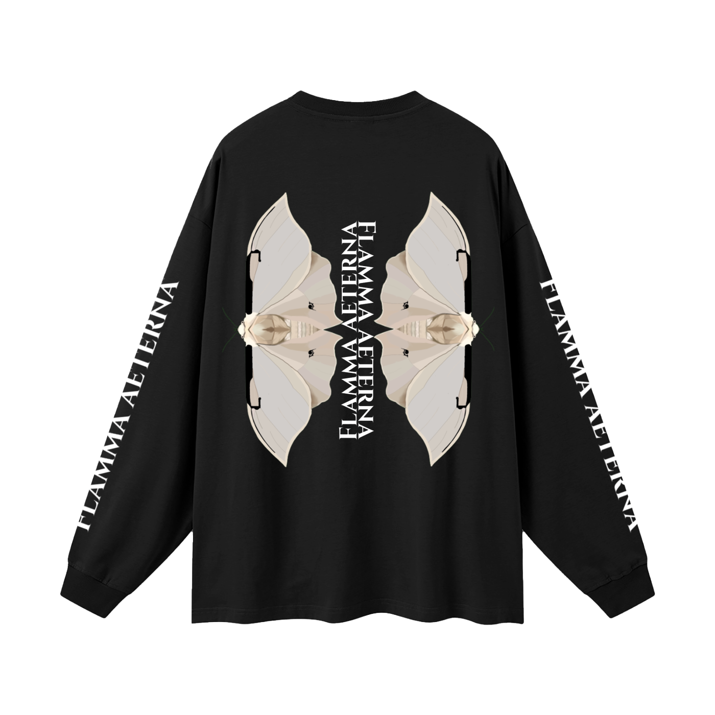 Streetwear,Oversized,Longsleeve,Oversizedlongsleeve,Graphic,Graphicdesign,Graphiclongsleeve,Moth,Mothdesign,Flamma,Aeterna,Flammaaetera,Eternal,Flame,Eternalflame,Biblical,Minimalstreetwear,Symbolicclothing,Symbolic,Philosophy,Philosophyclothing