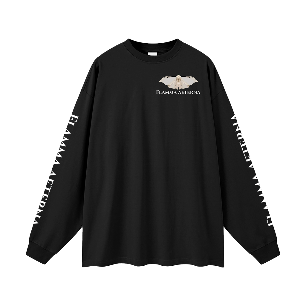 Streetwear,Oversized,Longsleeve,Oversizedlongsleeve,Graphic,Graphicdesign,Graphiclongsleeve,Moth,Mothdesign,Flamma,Aeterna,Flammaaetera,Eternal,Flame,Eternalflame,Biblical,Minimalstreetwear,Symbolicclothing,Symbolic,Philosophy,Philosophyclothing