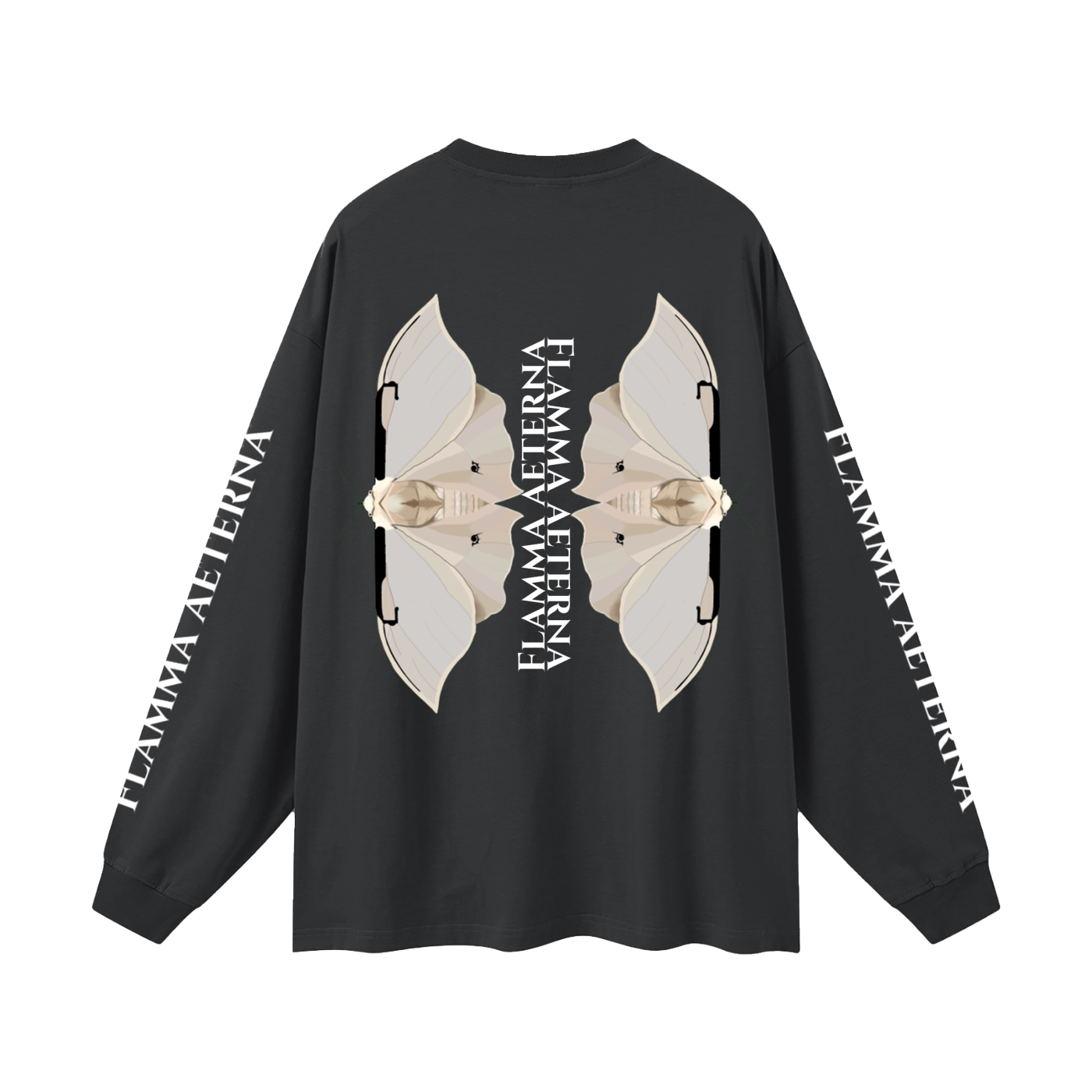 Streetwear,Oversized,Longsleeve,Oversizedlongsleeve,Graphic,Graphicdesign,Graphiclongsleeve,Moth,Mothdesign,Flamma,Aeterna,Flammaaetera,Eternal,Flame,Eternalflame,Biblical,Minimalstreetwear,Symbolicclothing,Symbolic,Philosophy,Philosophyclothing