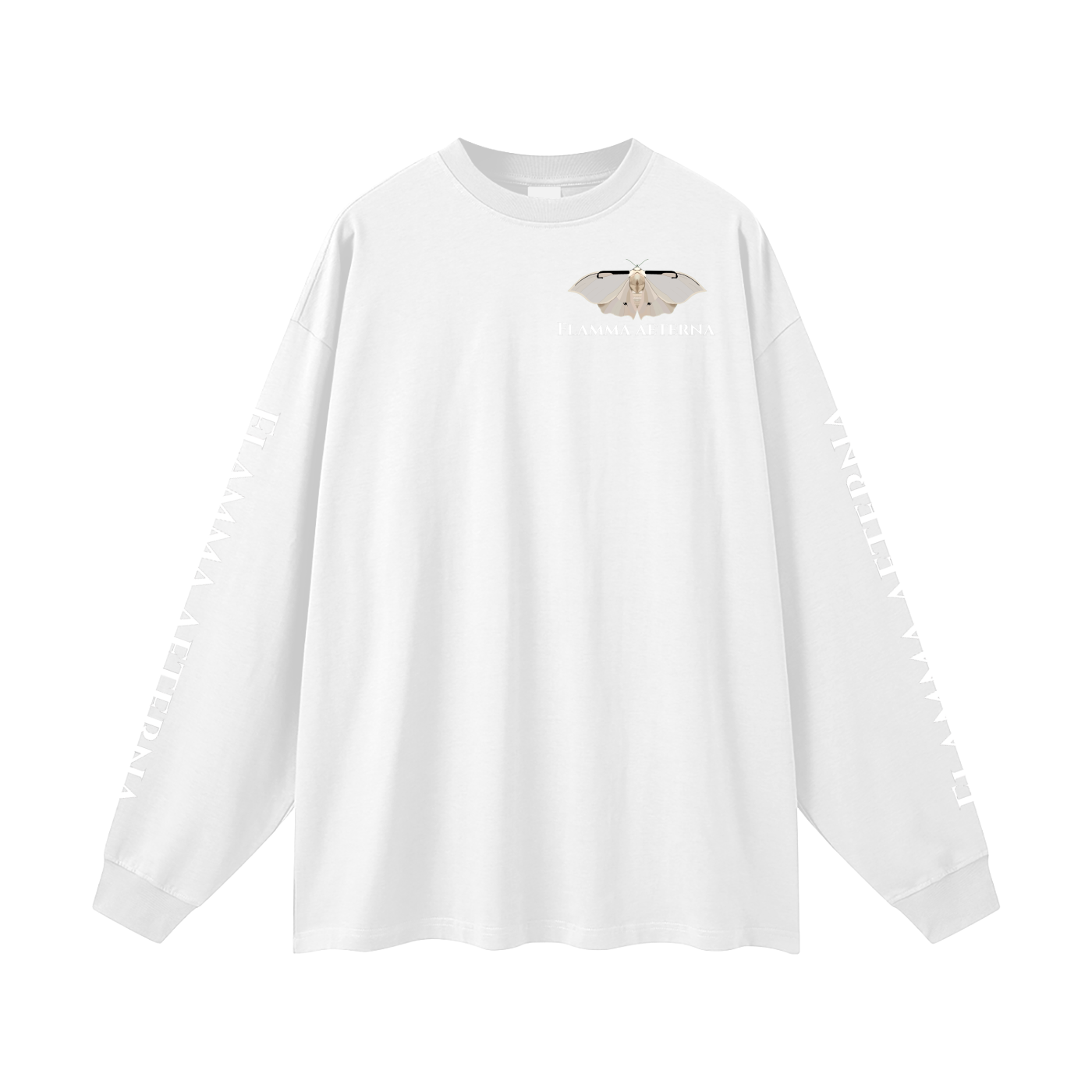 Streetwear,Oversized,Longsleeve,Oversizedlongsleeve,Graphic,Graphicdesign,Graphiclongsleeve,Moth,Mothdesign,Flamma,Aeterna,Flammaaetera,Eternal,Flame,Eternalflame,Biblical,Minimalstreetwear,Symbolicclothing,Symbolic,Philosophy,Philosophyclothing