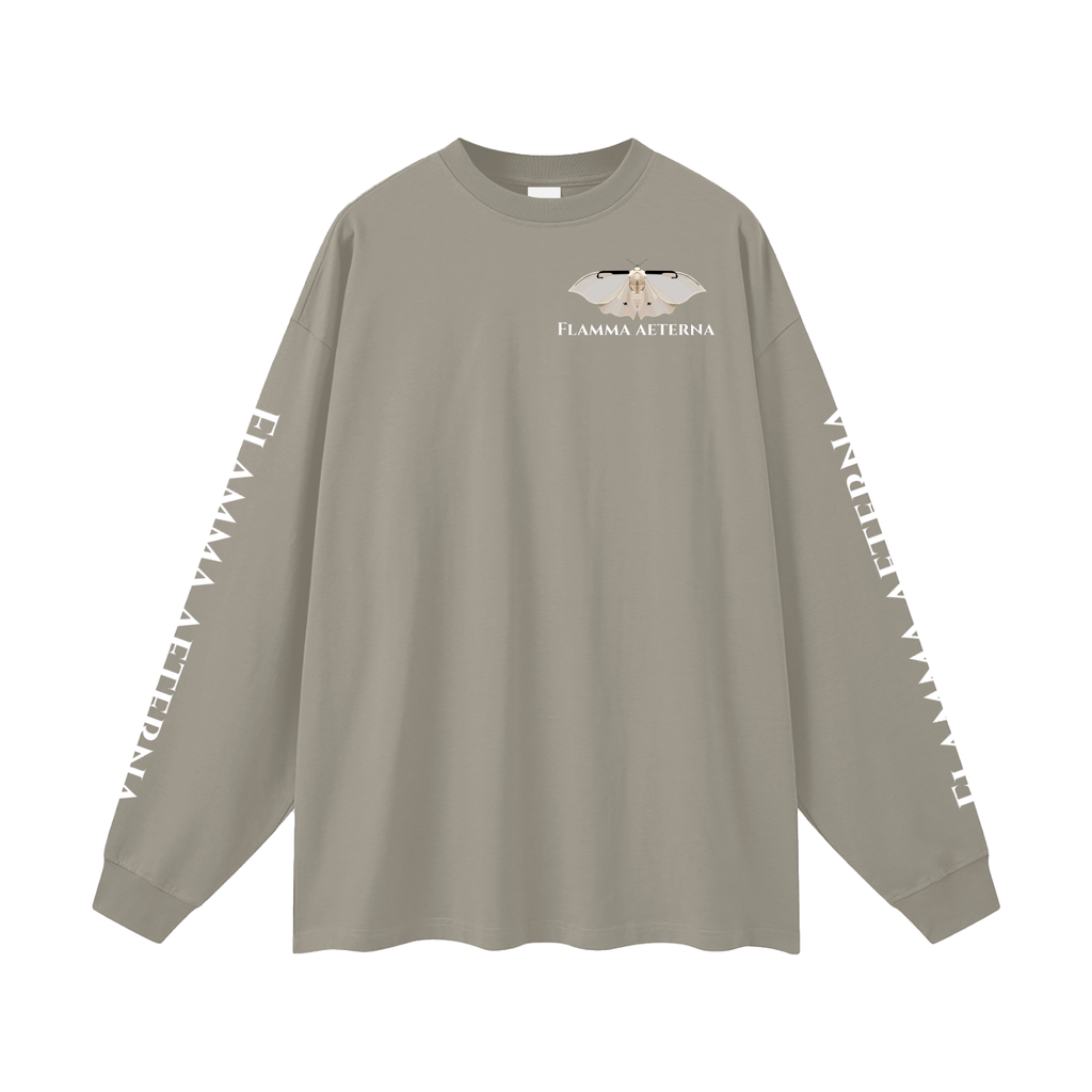 Streetwear,Oversized,Longsleeve,Oversizedlongsleeve,Graphic,Graphicdesign,Graphiclongsleeve,Moth,Mothdesign,Flamma,Aeterna,Flammaaetera,Eternal,Flame,Eternalflame,Biblical,Minimalstreetwear,Symbolicclothing,Symbolic,Philosophy,Philosophyclothing